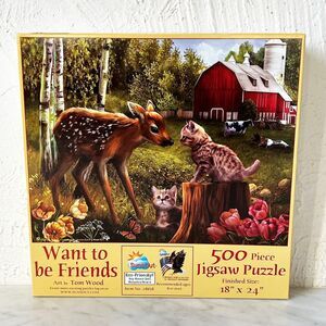Want To Be Friends Deer Fawn Kittena SunsOut Puzzle - 500 Pieces Complete